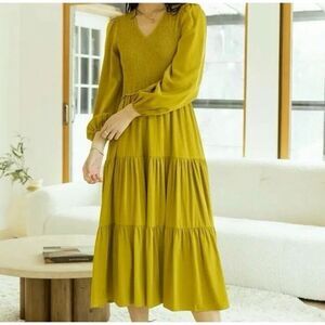 NWOT Bohme Smocked Tiered Chartreuse Lined Ruffle Maxi Dress Women's Small